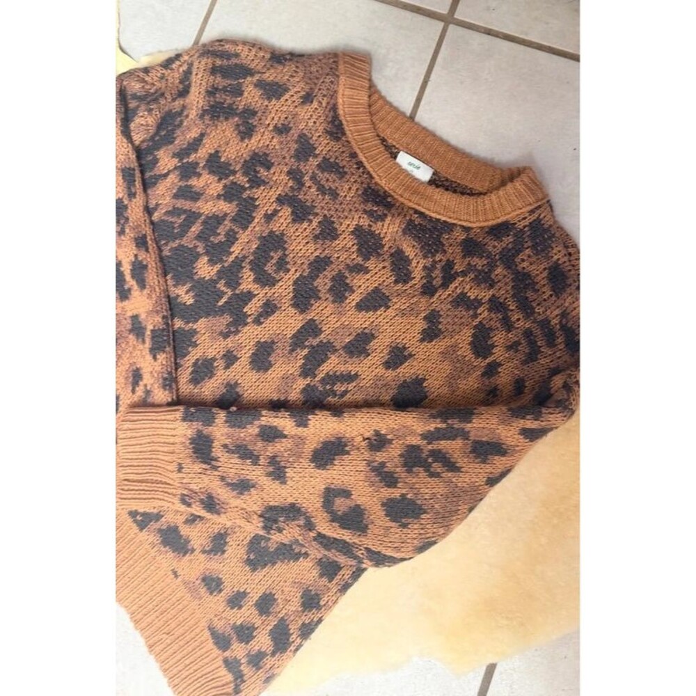 Aerie Leopard Print Chunky Knit Oversized Crewneck Sweater Size L